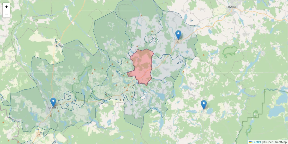 Szczegółowa mapa kodu pocztowego 77-135 z granicami, sąsiednimi kodami pocztowymi i urzędami pocztowymi
