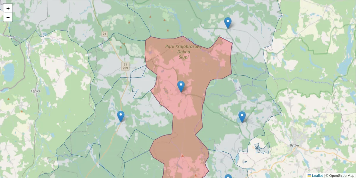 Szczegółowa mapa kodu pocztowego 77-140 z granicami, sąsiednimi kodami pocztowymi i urzędami pocztowymi