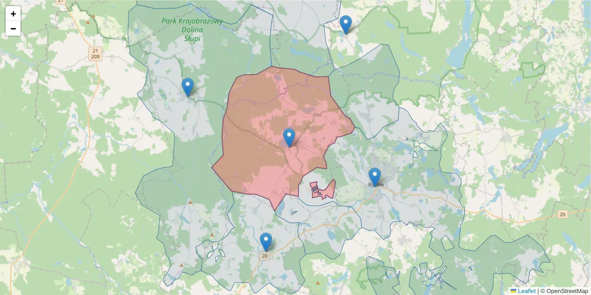 Szczegółowa mapa kodu pocztowego 77-141 z granicami, sąsiednimi kodami pocztowymi i urzędami pocztowymi