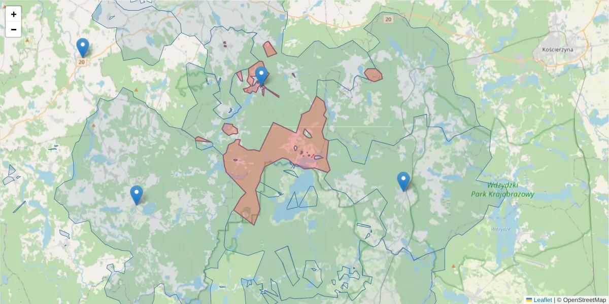 Szczegółowa mapa kodu pocztowego 77-143 z granicami, sąsiednimi kodami pocztowymi i urzędami pocztowymi