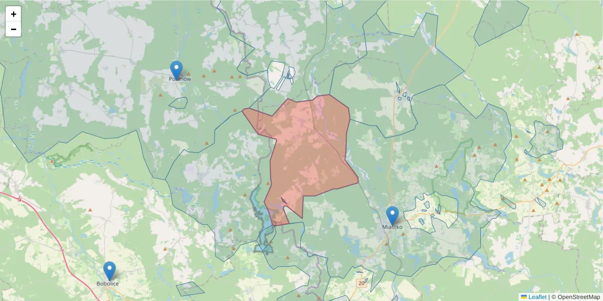 Szczegółowa mapa kodu pocztowego 77-222 z granicami, sąsiednimi kodami pocztowymi i urzędami pocztowymi