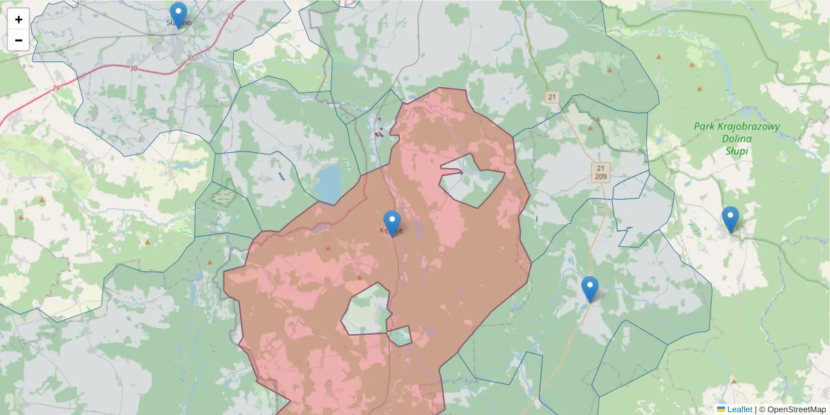 Szczegółowa mapa kodu pocztowego 77-230 z granicami, sąsiednimi kodami pocztowymi i urzędami pocztowymi