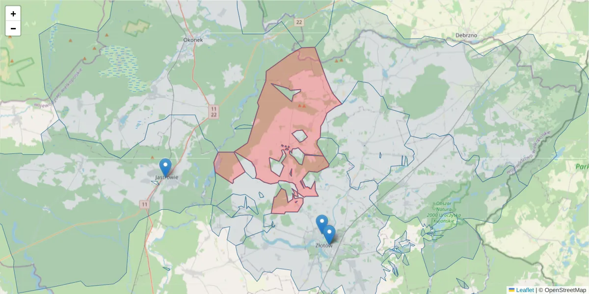 Szczegółowa mapa kodu pocztowego 77-405 z granicami, sąsiednimi kodami pocztowymi i urzędami pocztowymi