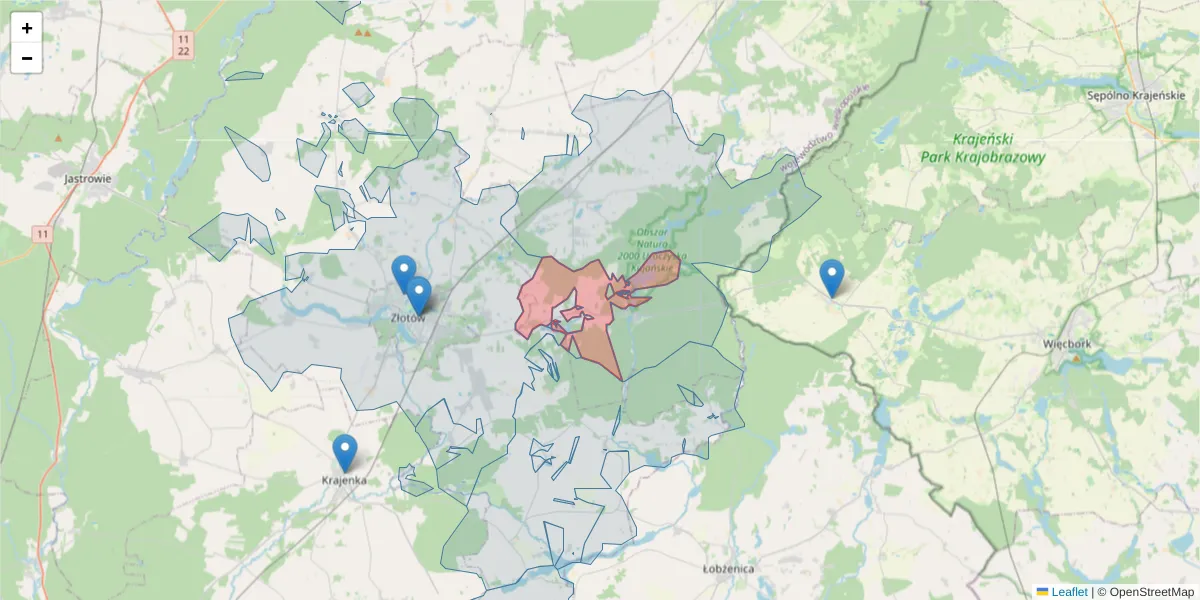 Szczegółowa mapa kodu pocztowego 77-413 z granicami, sąsiednimi kodami pocztowymi i urzędami pocztowymi