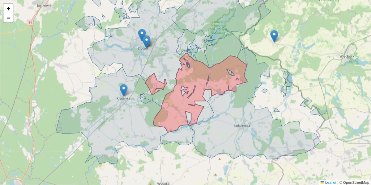 Szczegółowa mapa kodu pocztowego 77-415 z granicami, sąsiednimi kodami pocztowymi i urzędami pocztowymi
