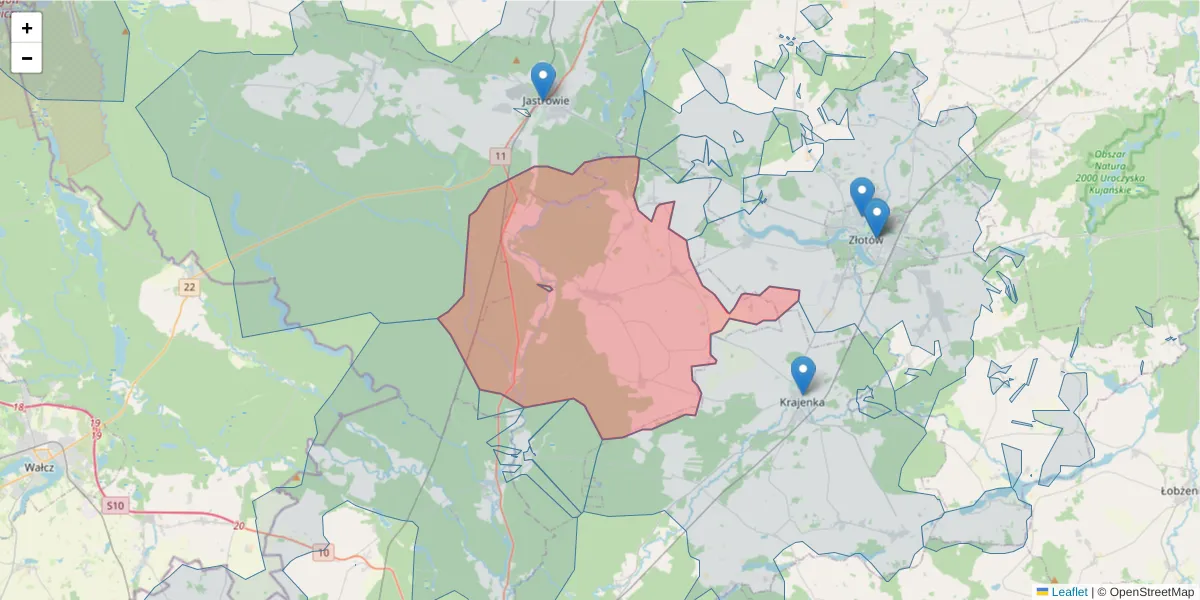 Szczegółowa mapa kodu pocztowego 77-416 z granicami, sąsiednimi kodami pocztowymi i urzędami pocztowymi