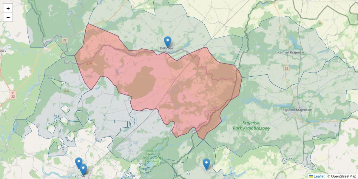 Szczegółowa mapa kodu pocztowego 77-420 z granicami, sąsiednimi kodami pocztowymi i urzędami pocztowymi