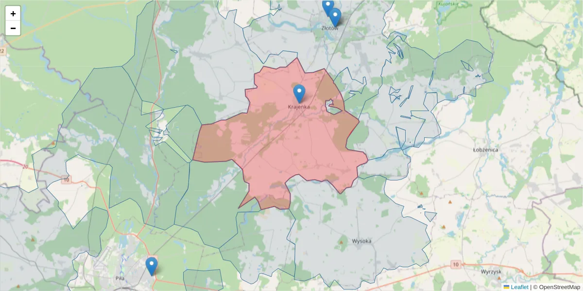 Szczegółowa mapa kodu pocztowego 77-430 z granicami, sąsiednimi kodami pocztowymi i urzędami pocztowymi