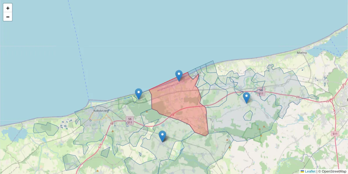 Szczegółowa mapa kodu pocztowego 78-111 z granicami, sąsiednimi kodami pocztowymi i urzędami pocztowymi