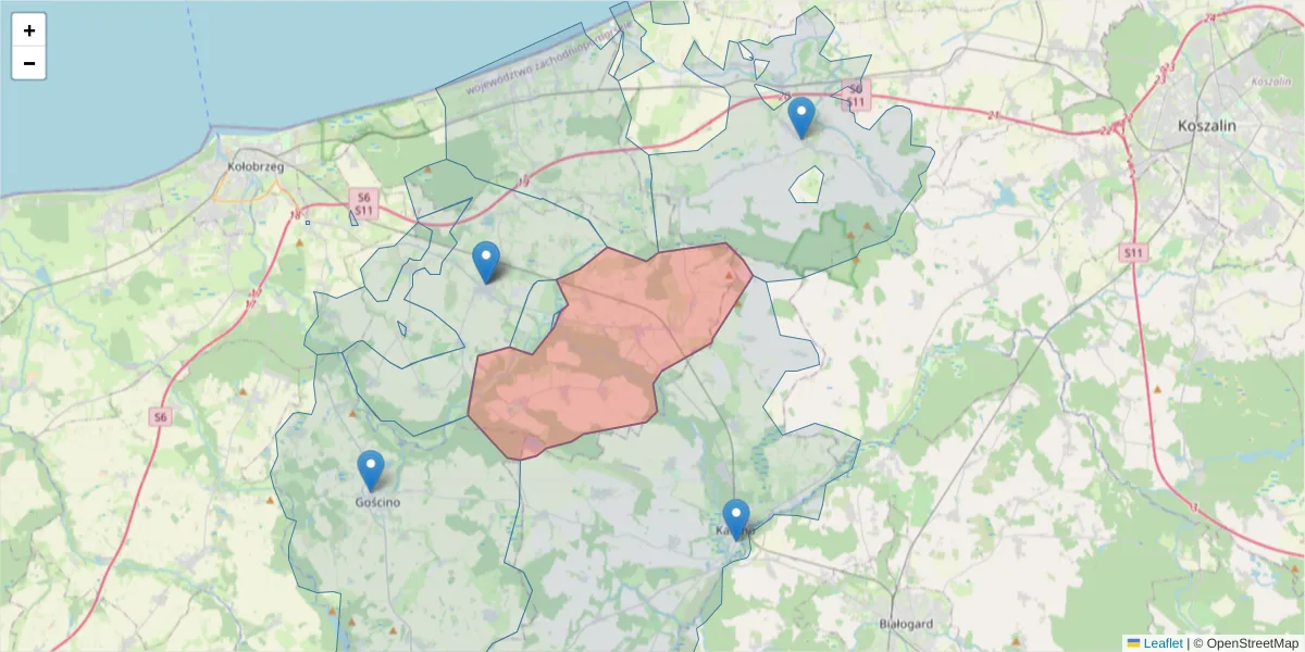 Szczegółowa mapa kodu pocztowego 78-114 z granicami, sąsiednimi kodami pocztowymi i urzędami pocztowymi