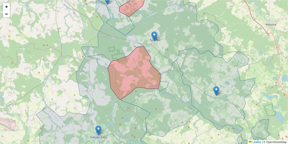 Szczegółowa mapa kodu pocztowego 78-221 z granicami, sąsiednimi kodami pocztowymi i urzędami pocztowymi