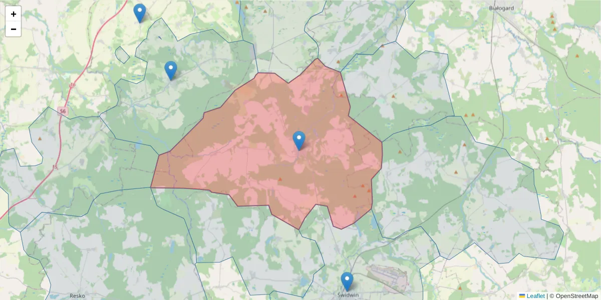 Szczegółowa mapa kodu pocztowego 78-314 z granicami, sąsiednimi kodami pocztowymi i urzędami pocztowymi