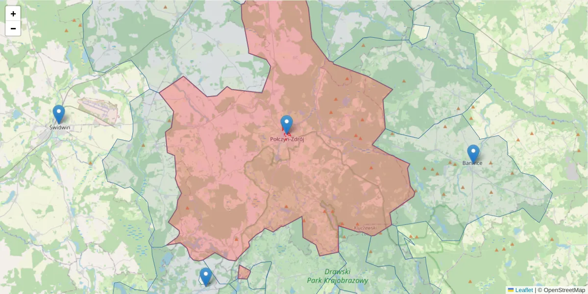 Szczegółowa mapa kodu pocztowego 78-320 z granicami, sąsiednimi kodami pocztowymi i urzędami pocztowymi