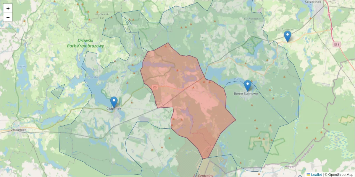 Szczegółowa mapa kodu pocztowego 78-445 z granicami, sąsiednimi kodami pocztowymi i urzędami pocztowymi