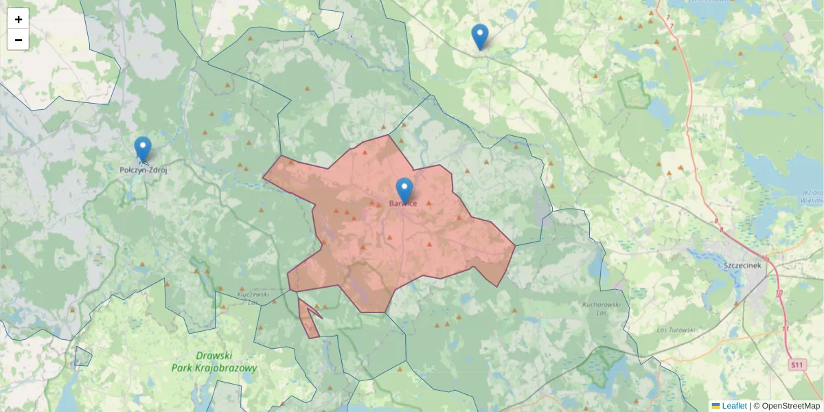 Szczegółowa mapa kodu pocztowego 78-460 z granicami, sąsiednimi kodami pocztowymi i urzędami pocztowymi