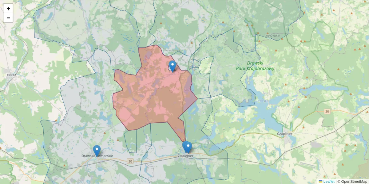 Szczegółowa mapa kodu pocztowego 78-506 z granicami, sąsiednimi kodami pocztowymi i urzędami pocztowymi