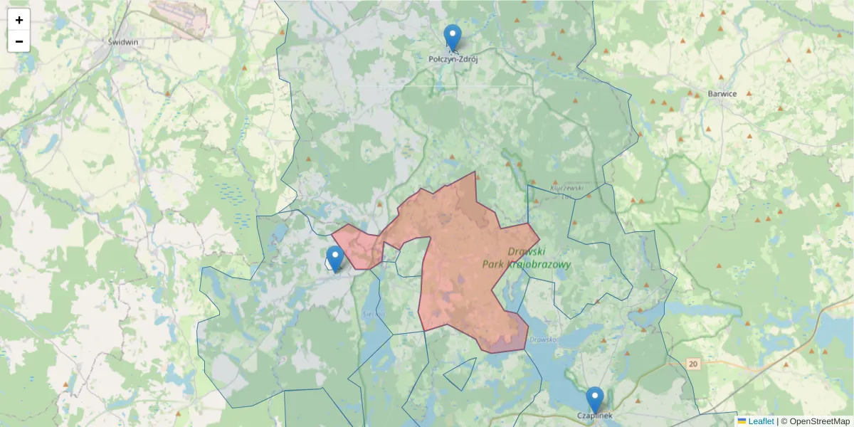 Szczegółowa mapa kodu pocztowego 78-523 z granicami, sąsiednimi kodami pocztowymi i urzędami pocztowymi