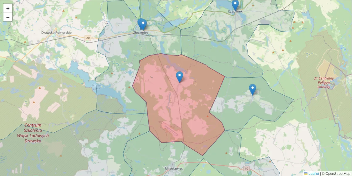 Szczegółowa mapa kodu pocztowego 78-530 z granicami, sąsiednimi kodami pocztowymi i urzędami pocztowymi