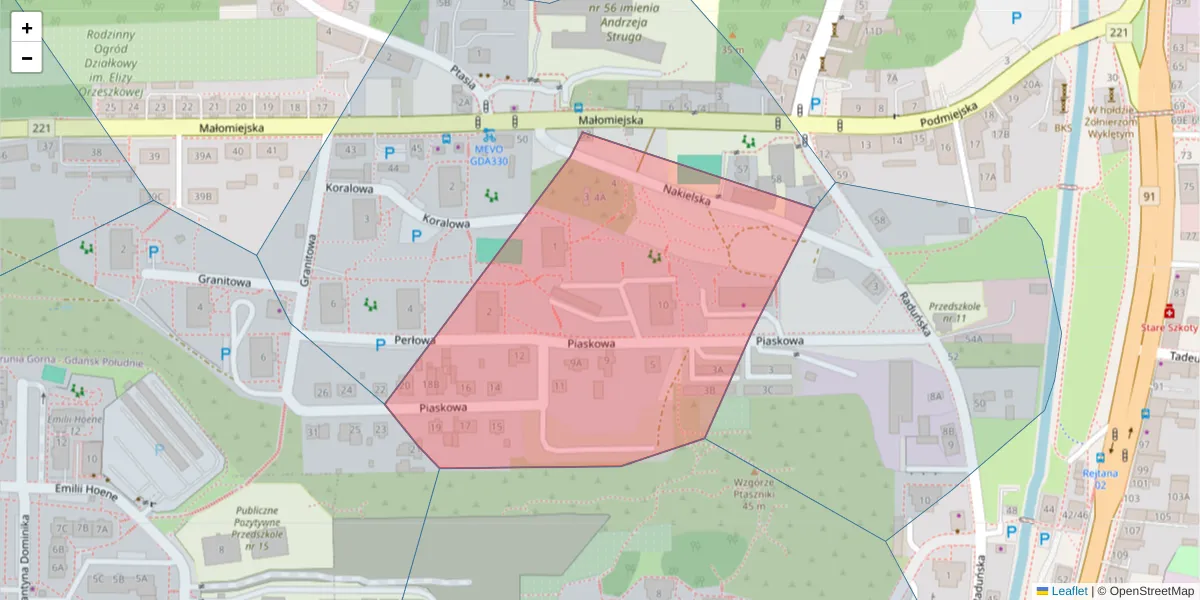 Szczegółowa mapa kodu pocztowego 80-029 z granicami, sąsiednimi kodami pocztowymi i urzędami pocztowymi