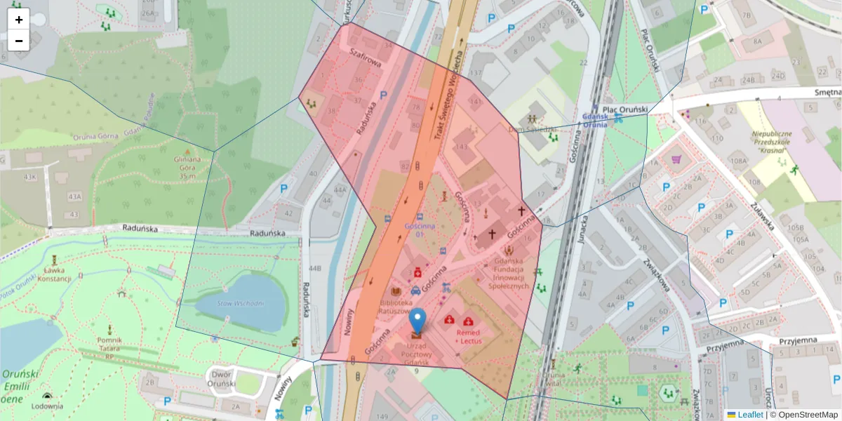 Szczegółowa mapa kodu pocztowego 80-032 z granicami, sąsiednimi kodami pocztowymi i urzędami pocztowymi
