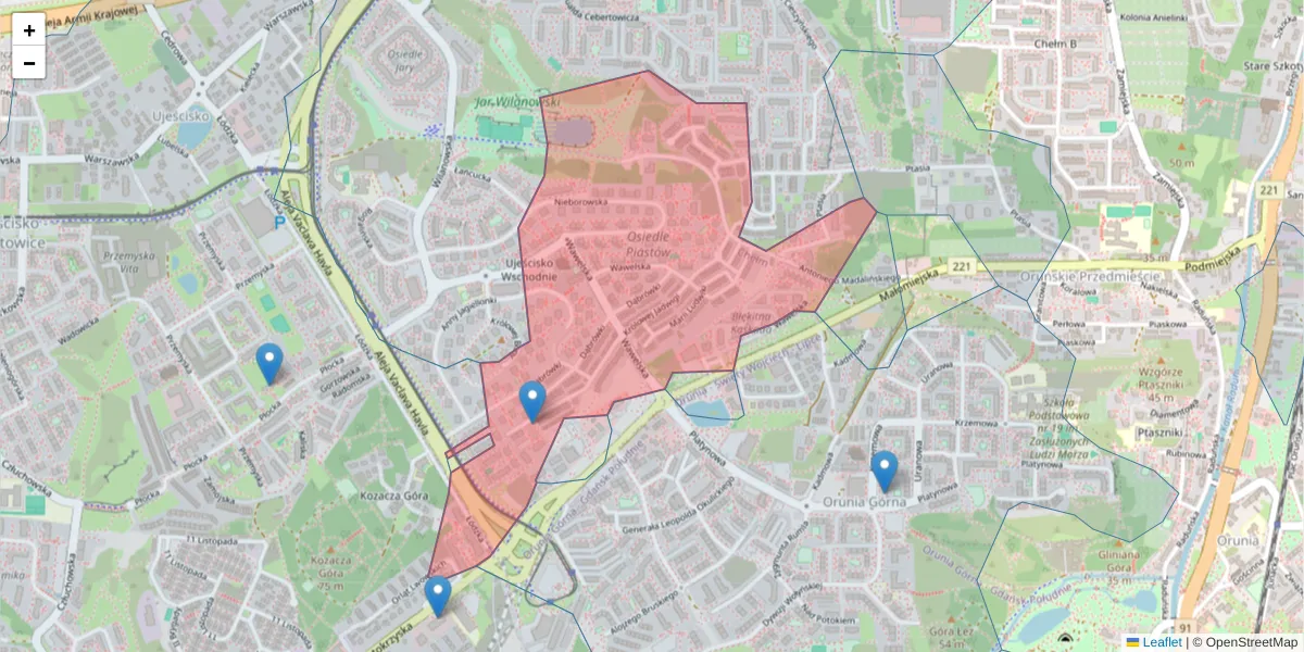 Szczegółowa mapa kodu pocztowego 80-034 z granicami, sąsiednimi kodami pocztowymi i urzędami pocztowymi