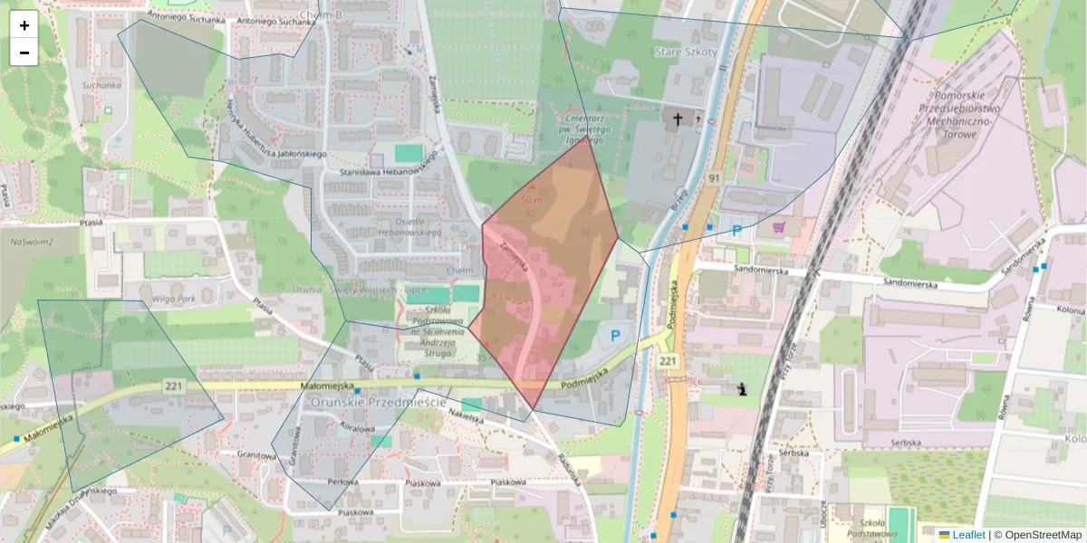 Szczegółowa mapa kodu pocztowego 80-036 z granicami, sąsiednimi kodami pocztowymi i urzędami pocztowymi