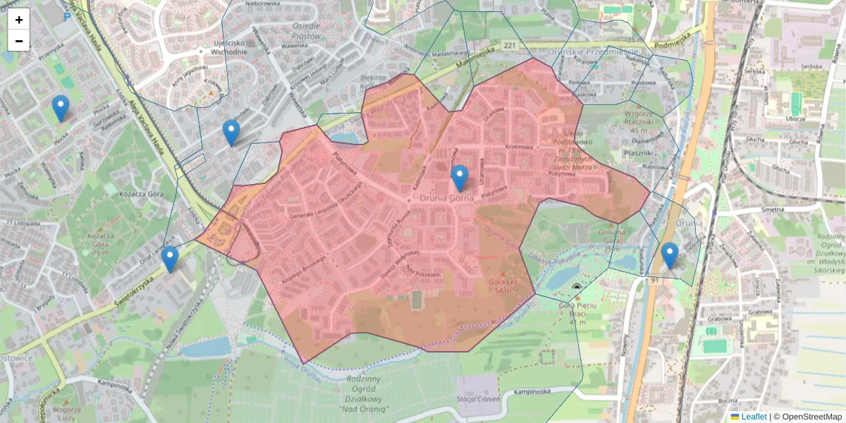 Szczegółowa mapa kodu pocztowego 80-041 z granicami, sąsiednimi kodami pocztowymi i urzędami pocztowymi
