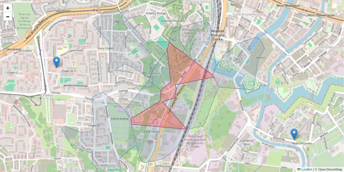 Szczegółowa mapa kodu pocztowego 80-045 z granicami, sąsiednimi kodami pocztowymi i urzędami pocztowymi