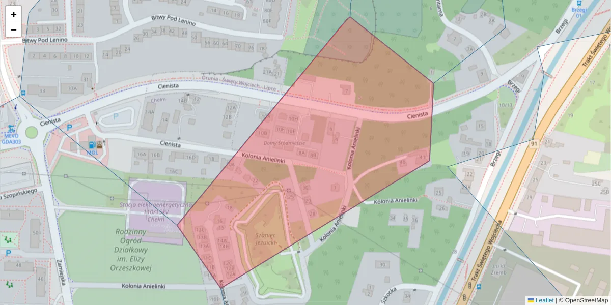 Szczegółowa mapa kodu pocztowego 80-046 z granicami, sąsiednimi kodami pocztowymi i urzędami pocztowymi