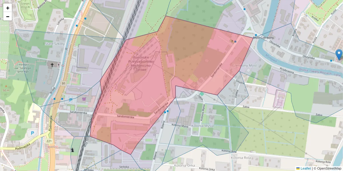 Szczegółowa mapa kodu pocztowego 80-051 z granicami, sąsiednimi kodami pocztowymi i urzędami pocztowymi
