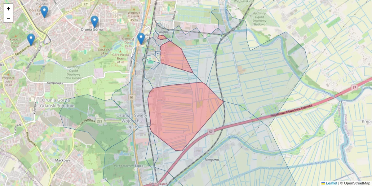 Szczegółowa mapa kodu pocztowego 80-059 z granicami, sąsiednimi kodami pocztowymi i urzędami pocztowymi