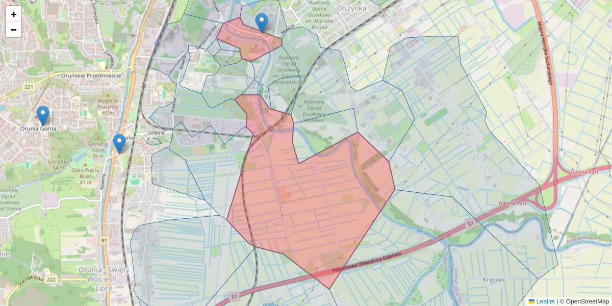 Szczegółowa mapa kodu pocztowego 80-064 z granicami, sąsiednimi kodami pocztowymi i urzędami pocztowymi