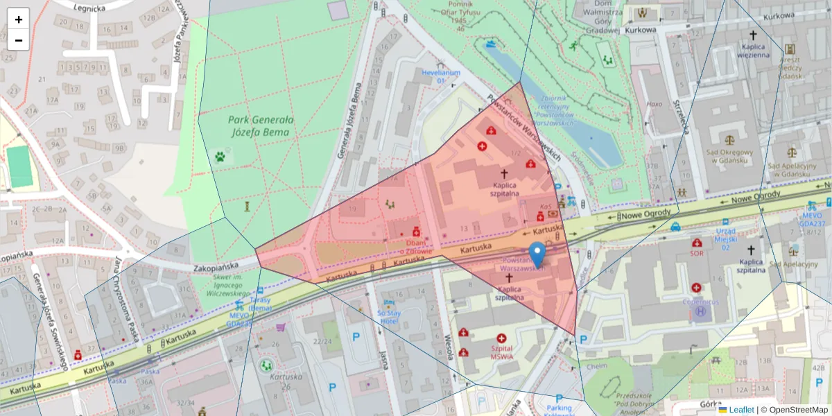 Szczegółowa mapa kodu pocztowego 80-103 z granicami, sąsiednimi kodami pocztowymi i urzędami pocztowymi