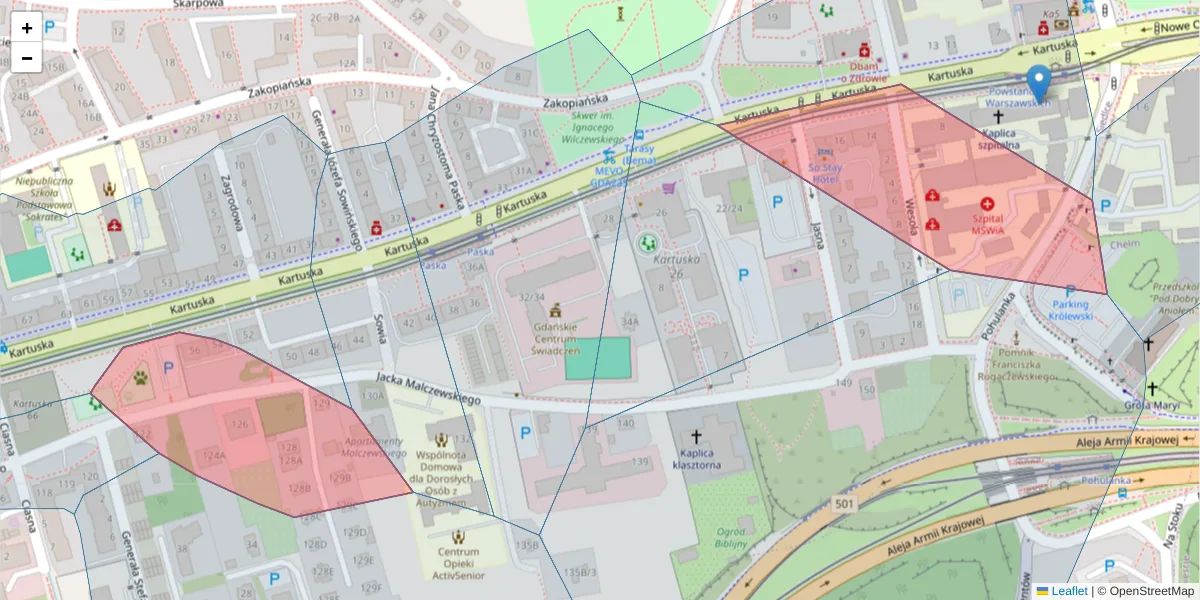 Szczegółowa mapa kodu pocztowego 80-104 z granicami, sąsiednimi kodami pocztowymi i urzędami pocztowymi