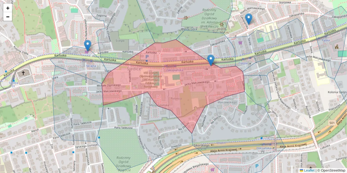 Szczegółowa mapa kodu pocztowego 80-107 z granicami, sąsiednimi kodami pocztowymi i urzędami pocztowymi