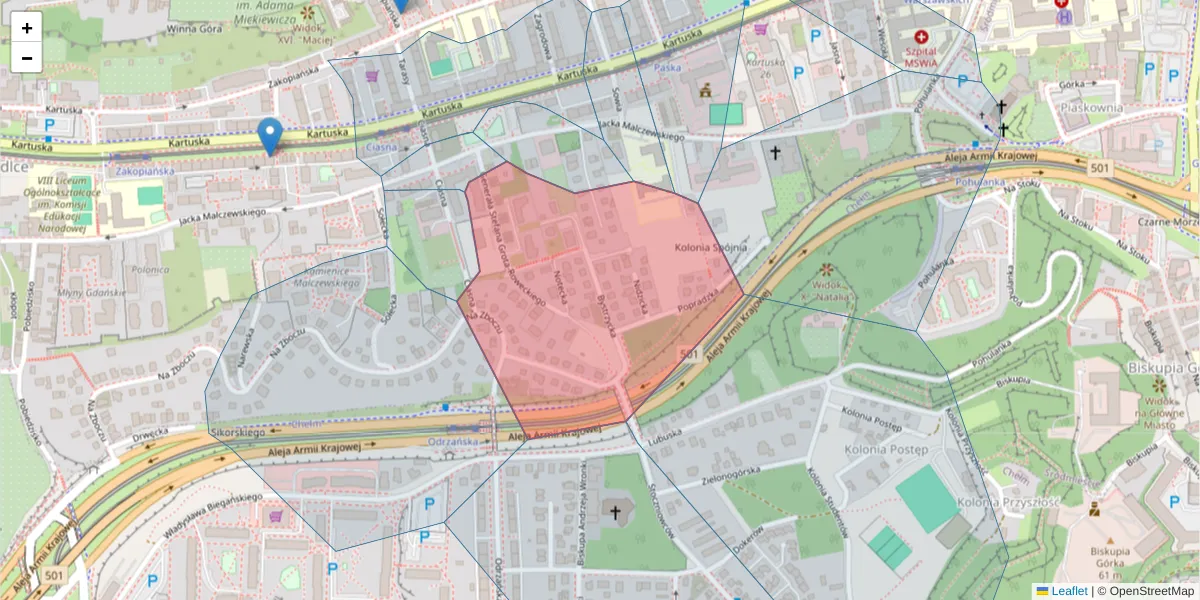 Szczegółowa mapa kodu pocztowego 80-108 z granicami, sąsiednimi kodami pocztowymi i urzędami pocztowymi