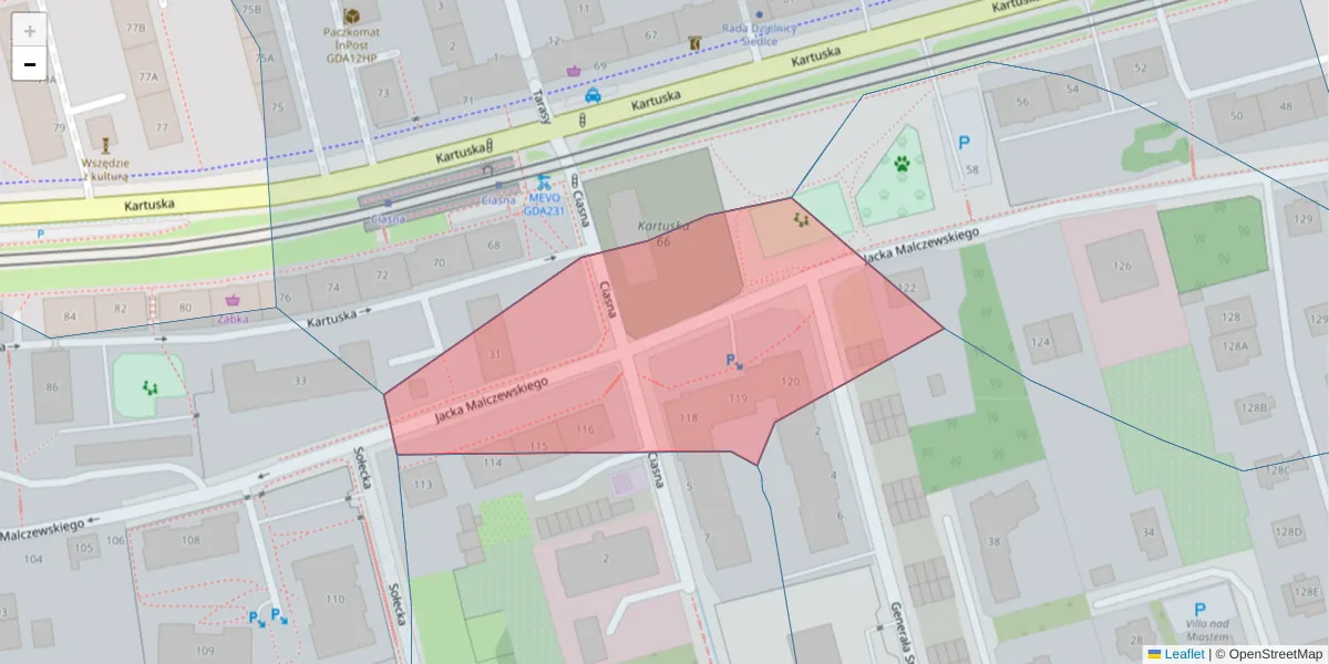 Szczegółowa mapa kodu pocztowego 80-112 z granicami, sąsiednimi kodami pocztowymi i urzędami pocztowymi