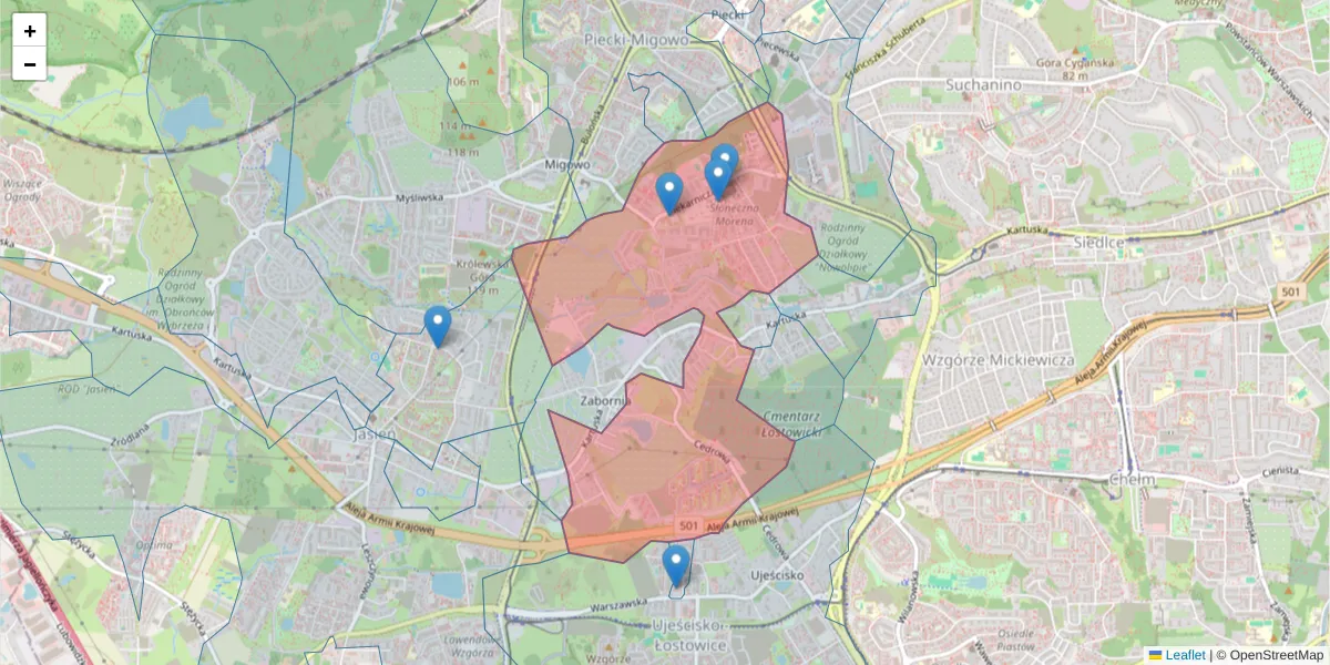 Szczegółowa mapa kodu pocztowego 80-126 z granicami, sąsiednimi kodami pocztowymi i urzędami pocztowymi