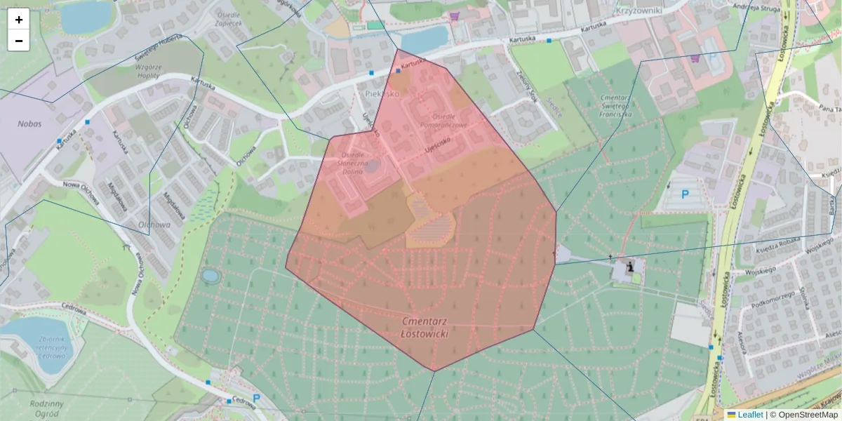 Szczegółowa mapa kodu pocztowego 80-130 z granicami, sąsiednimi kodami pocztowymi i urzędami pocztowymi