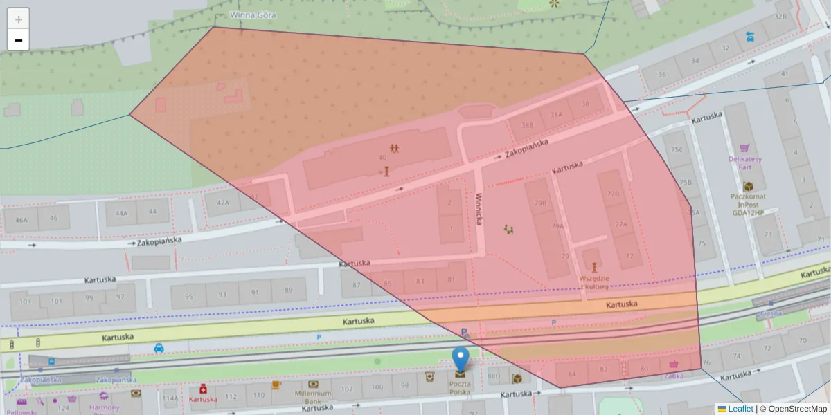 Szczegółowa mapa kodu pocztowego 80-136 z granicami, sąsiednimi kodami pocztowymi i urzędami pocztowymi