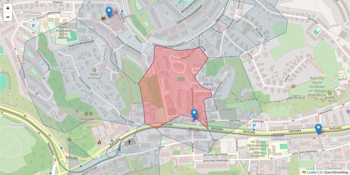 Szczegółowa mapa kodu pocztowego 80-137 z granicami, sąsiednimi kodami pocztowymi i urzędami pocztowymi