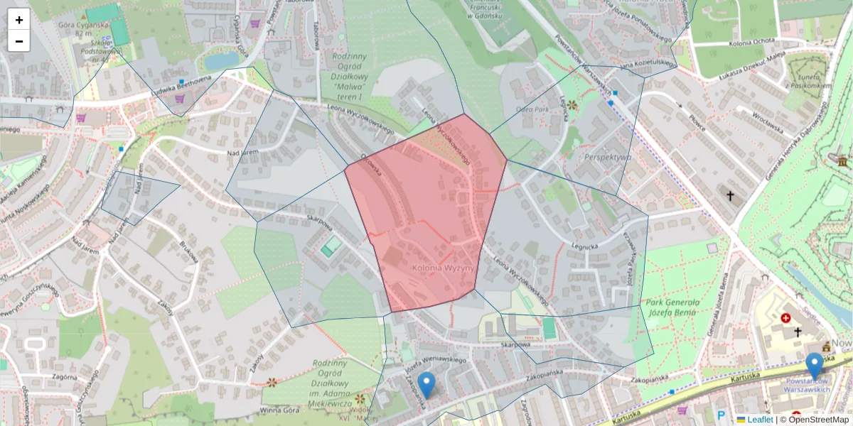 Szczegółowa mapa kodu pocztowego 80-146 z granicami, sąsiednimi kodami pocztowymi i urzędami pocztowymi
