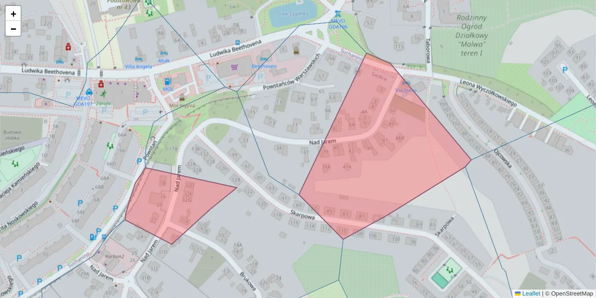 Szczegółowa mapa kodu pocztowego 80-148 z granicami, sąsiednimi kodami pocztowymi i urzędami pocztowymi