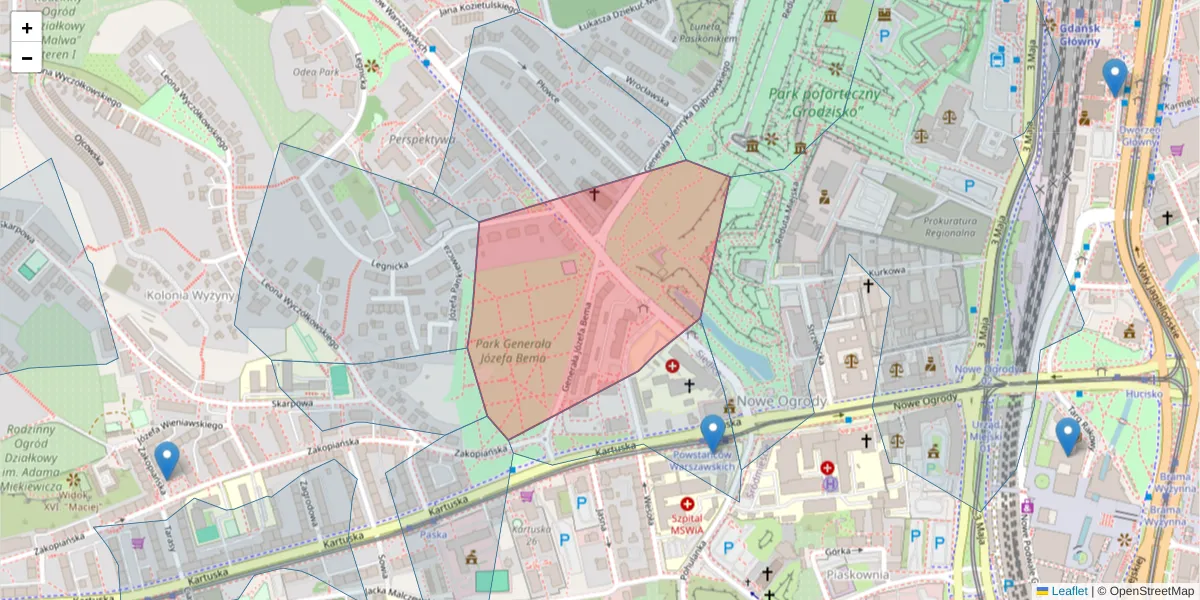 Szczegółowa mapa kodu pocztowego 80-151 z granicami, sąsiednimi kodami pocztowymi i urzędami pocztowymi