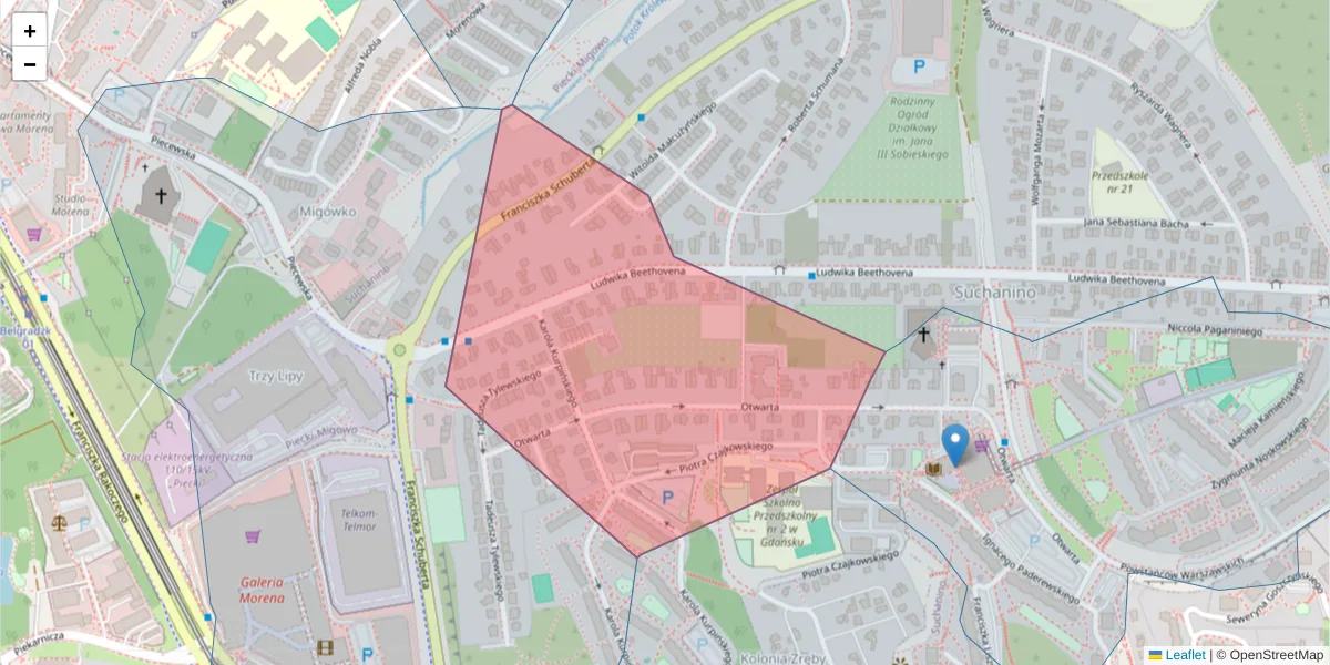 Szczegółowa mapa kodu pocztowego 80-169 z granicami, sąsiednimi kodami pocztowymi i urzędami pocztowymi