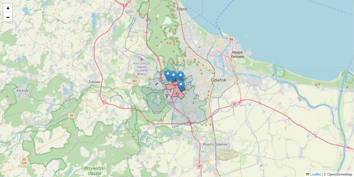 Szczegółowa mapa kodu pocztowego 80-175 z granicami, sąsiednimi kodami pocztowymi i urzędami pocztowymi