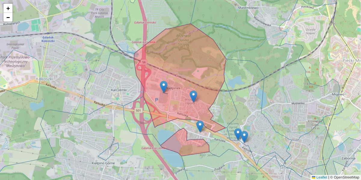 Szczegółowa mapa kodu pocztowego 80-176 z granicami, sąsiednimi kodami pocztowymi i urzędami pocztowymi