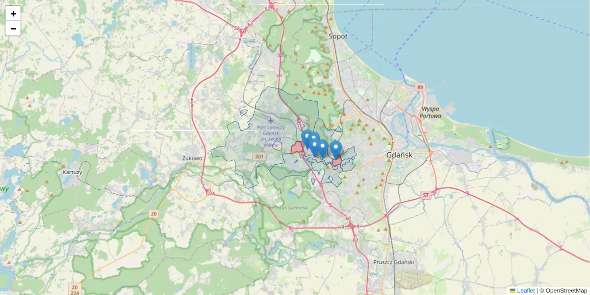 Szczegółowa mapa kodu pocztowego 80-177 z granicami, sąsiednimi kodami pocztowymi i urzędami pocztowymi