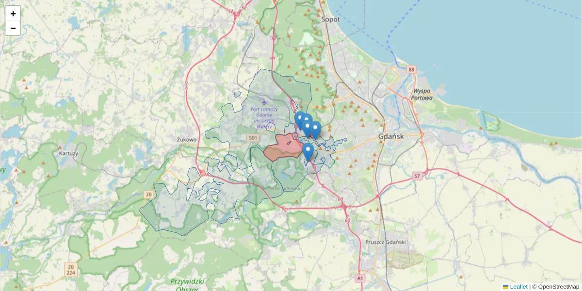 Szczegółowa mapa kodu pocztowego 80-178 z granicami, sąsiednimi kodami pocztowymi i urzędami pocztowymi