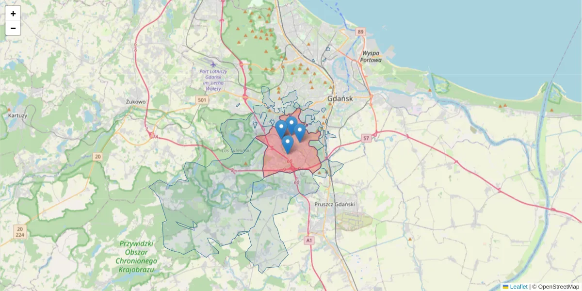 Szczegółowa mapa kodu pocztowego 80-180 z granicami, sąsiednimi kodami pocztowymi i urzędami pocztowymi